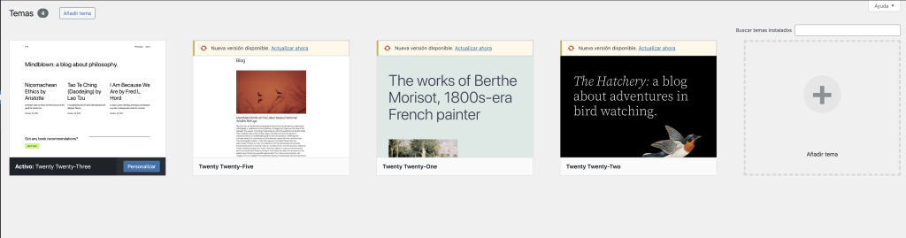 Muestra la biblioteca de temas para aprender a utilizar WordPress si eres principiante