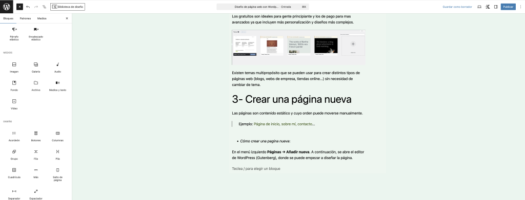 Muestra como se crean las paginas y como se ve a través del editor de Gutenberg 