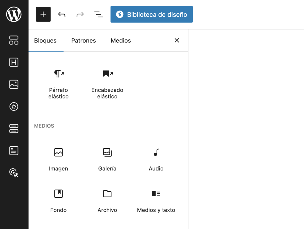 Imagen que muestra el despegable de bloques que se pueden insertar en el editor Gutenberg de WordPress